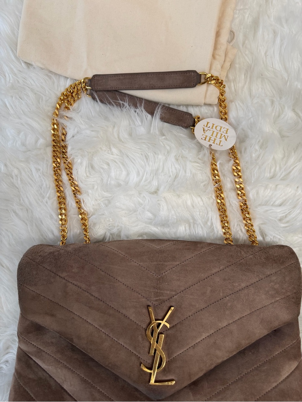Saint Laurent Taupe Suede LOULOU QUILTED Envelope Bag with Gold Hardware - Picture 4 of 9